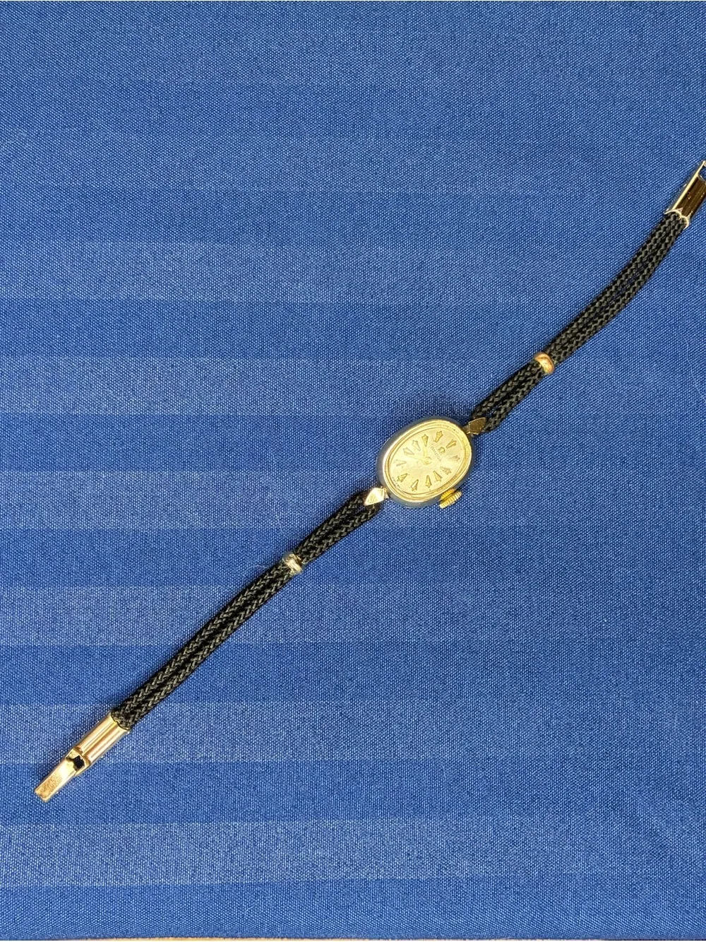 Omega Ladies 14k GF Oval Watch with Black Cord Strap